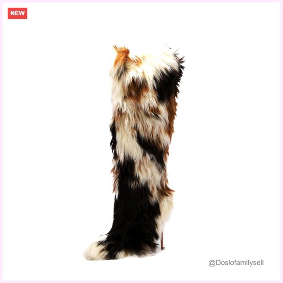 Knee High Faux Fur Snow Boots with 4-Inch Heel for Winter